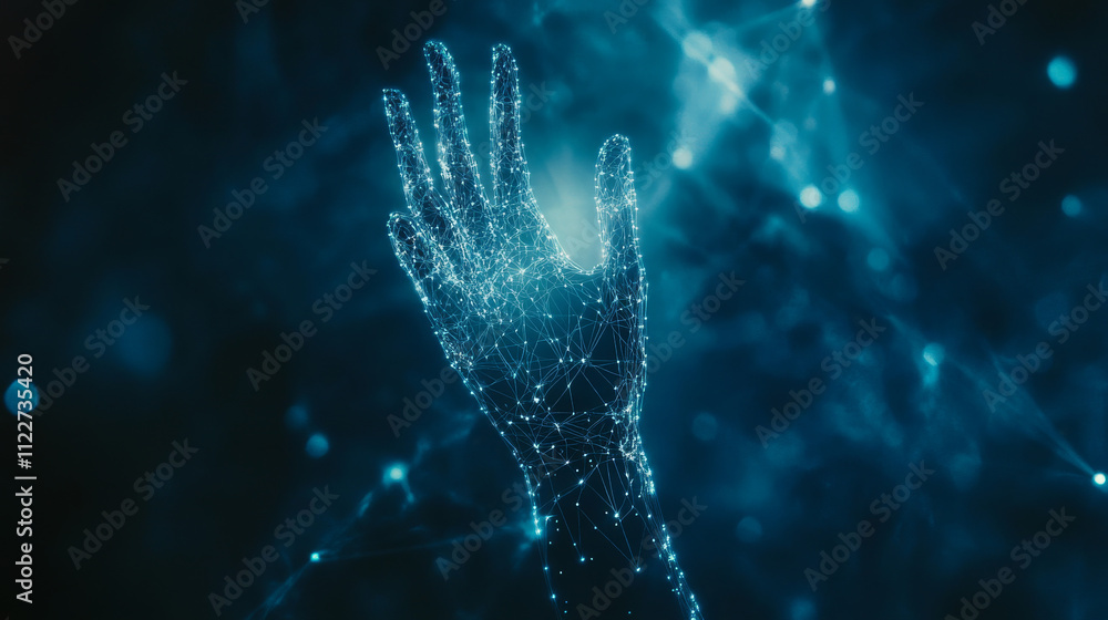 Poster polygonal vector illustration concept, an humanoid robot hand appears from a data stream, on a dark 
