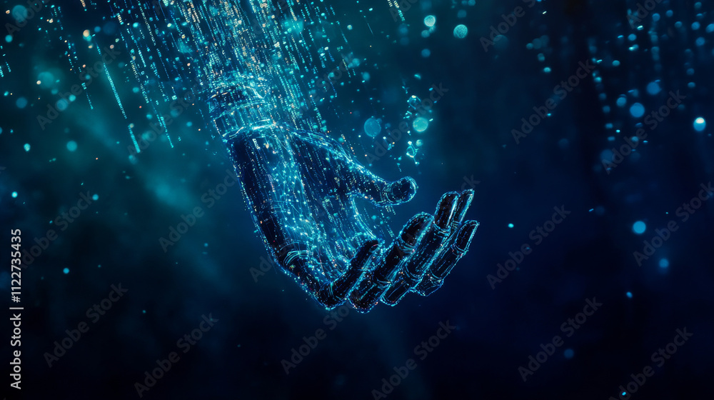 Aufkleber polygonal vector illustration concept, an humanoid robot hand appears from a data stream, on a dark 