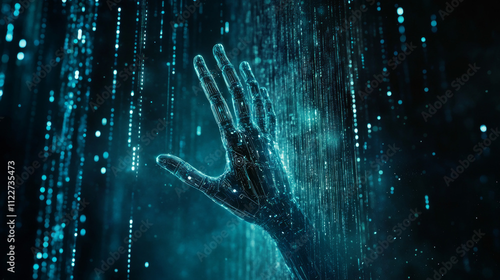 Poster polygonal vector illustration concept, an humanoid robot hand appears from a data stream, on a dark 