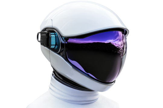 A futuristic helmet with a purple visor and a blue light on the front Transparent Background