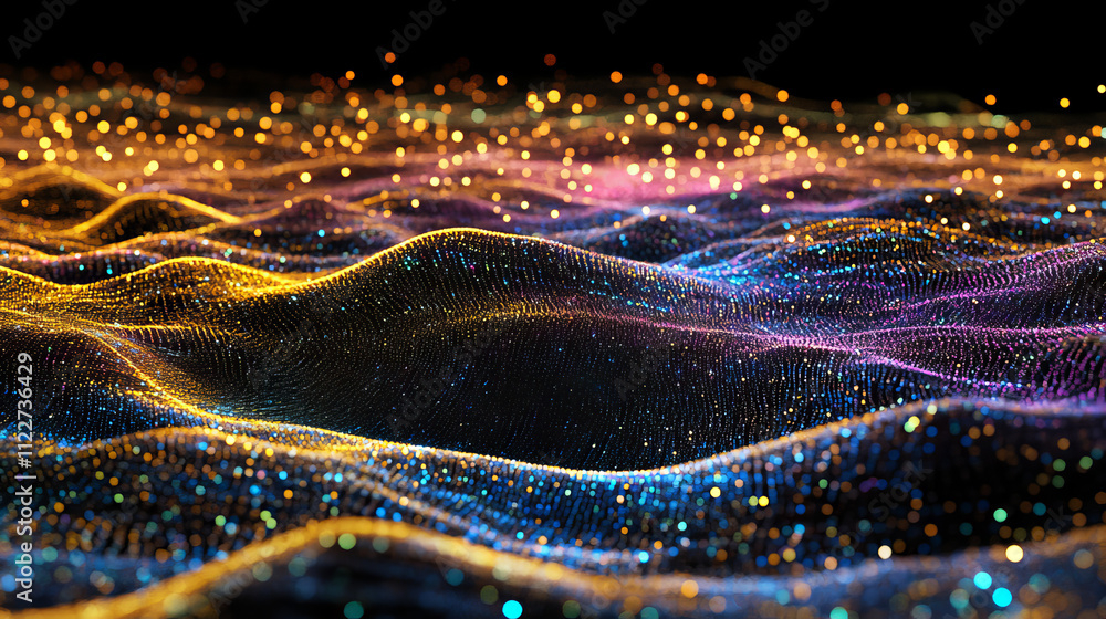 Poster vector particle grid technology background. data mesh surface. landscape night light