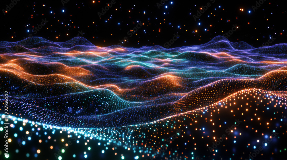 Poster vector particle grid technology background. data mesh surface. landscape night light