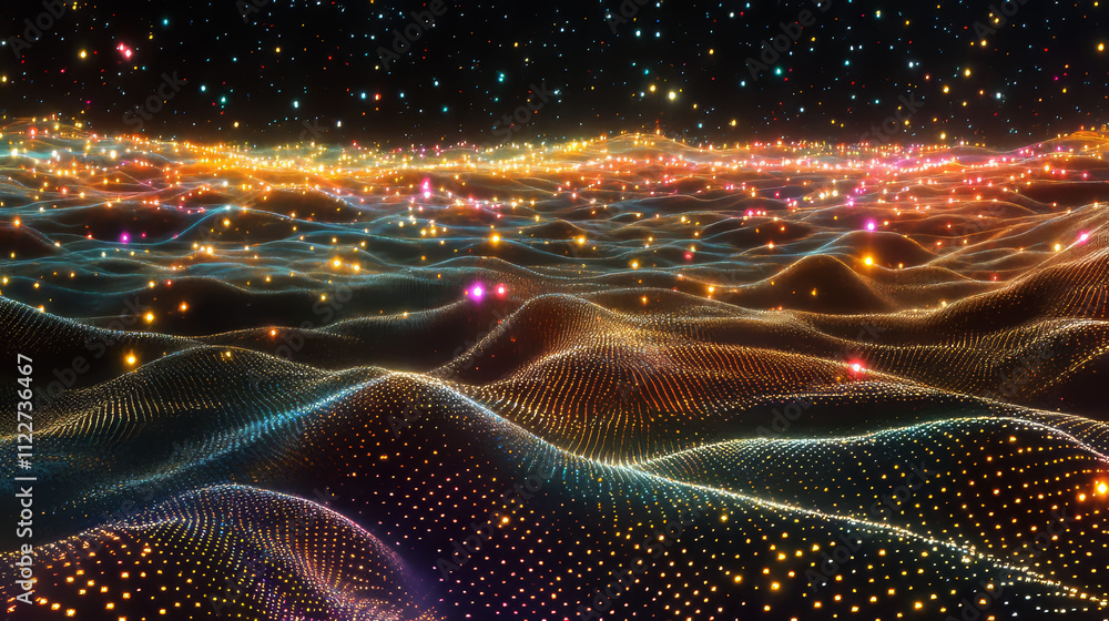 Poster vector particle grid technology background. data mesh surface. landscape night light