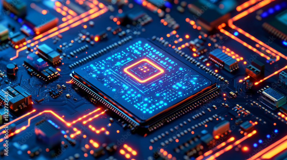 Poster ai background. abstract ai chip hologram on circuit board tech bg. artificial intelligence isometric