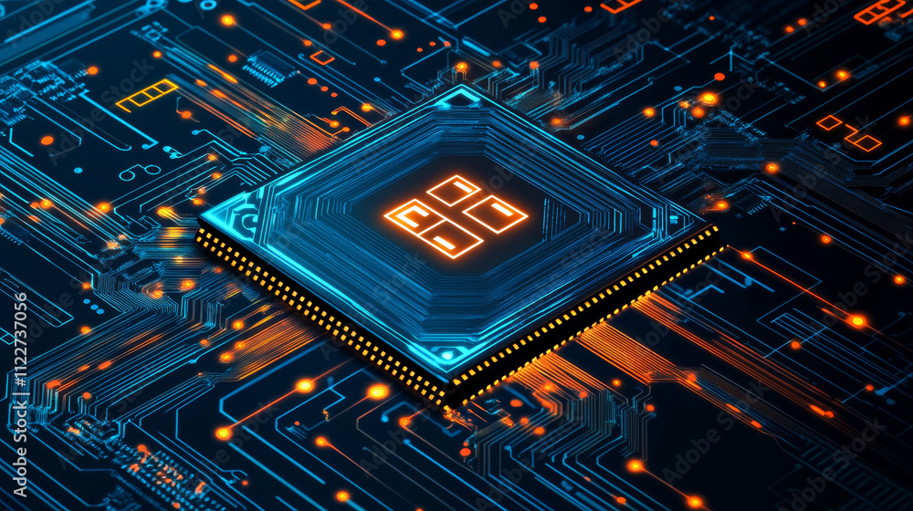 Poster ai background. abstract ai chip hologram on circuit board tech bg. artificial intelligence isometric