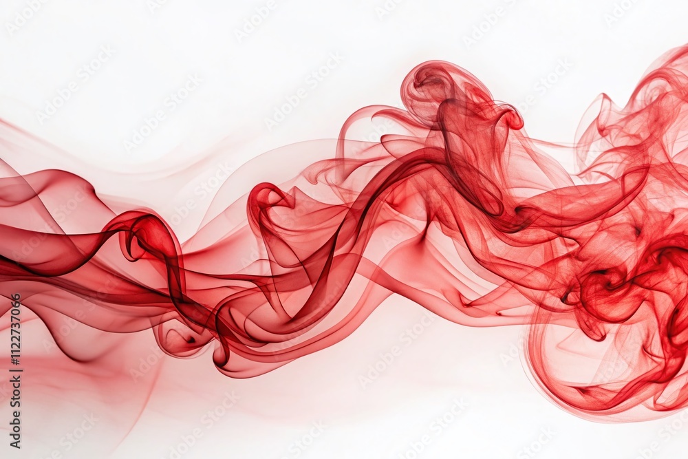 Poster aerial view of swirling red smoke abstract lines isolated on white background, capturing the dynamic