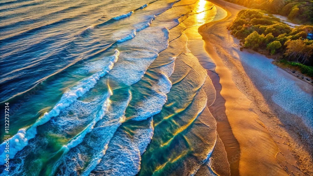 Poster aerial view of the beach highlighting light and shadow patterns created by sunlight on waves and san