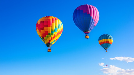 Fototapeta premium Albuquerque Hot Air Balloon Festival, brightly colored hot air balloons flying over the city of Albuquerque, clear blue sky and vast New Mexico desert backdrop, Ai generated images
