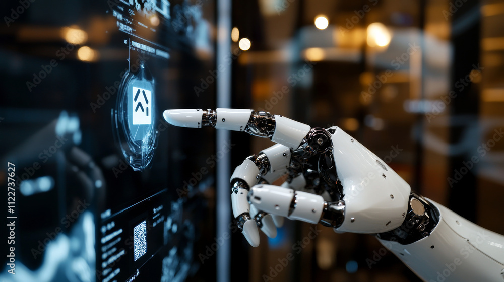 Poster robot arm with artificial intelligence presses a button with an ai logo. the cyborg hand touches the