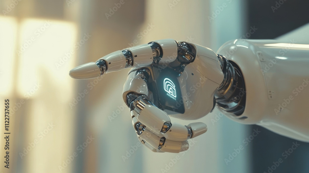 Poster robot arm with artificial intelligence presses a button with an ai logo. the cyborg hand touches the
