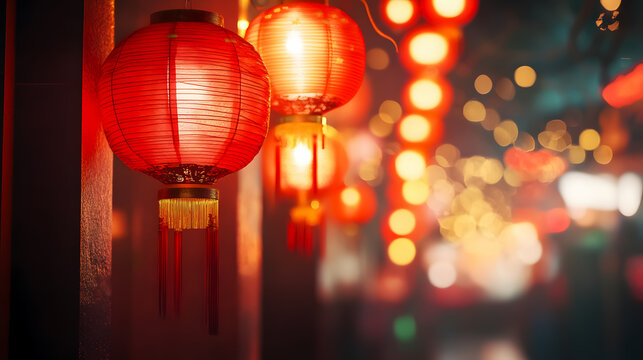 A Chinese red lantern lit up during the Chinese New Year celebrations.