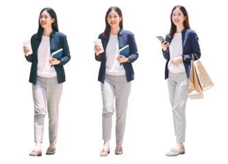 Full body of adult asian business woman walking positive smiling face isolated cutout transparent background