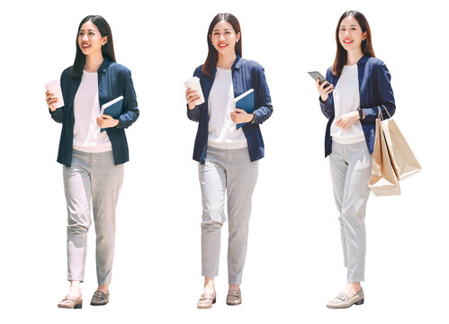 Full body of adult asian business woman walking positive smiling face isolated cutout transparent background