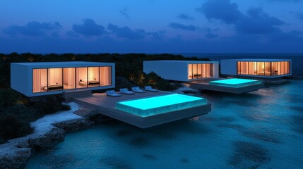 Long Weekend Vacation and Hotel concept. Modern villas with pools at dusk by the ocean.