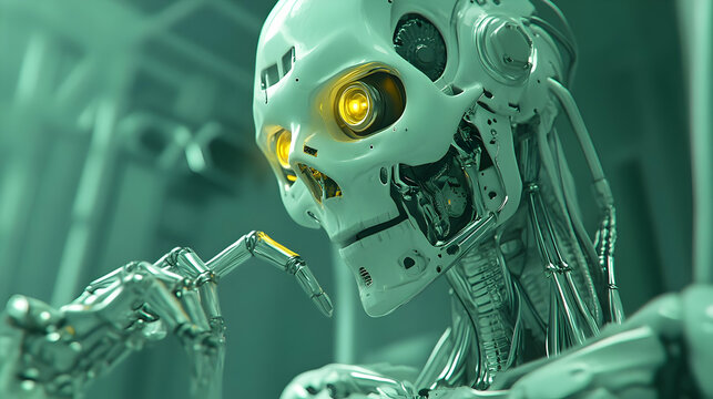 Imaginative AI Robot Scanning in Futuristic Alien Environment