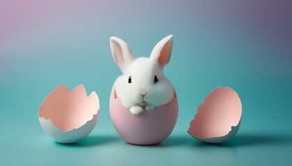 Obraz premium Minimal creative pastel Easter concept, painted pastel, half cracked egg with little white rabbit inside. A symbol of spring holidays