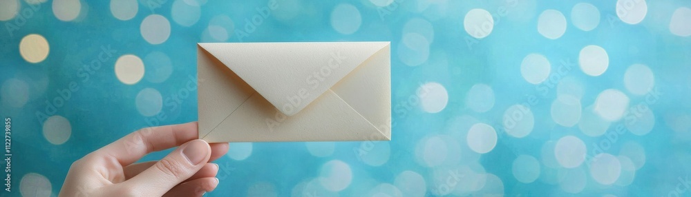Poster a hand holds a light-colored envelope against a blurred blue background with bokeh effects, creating