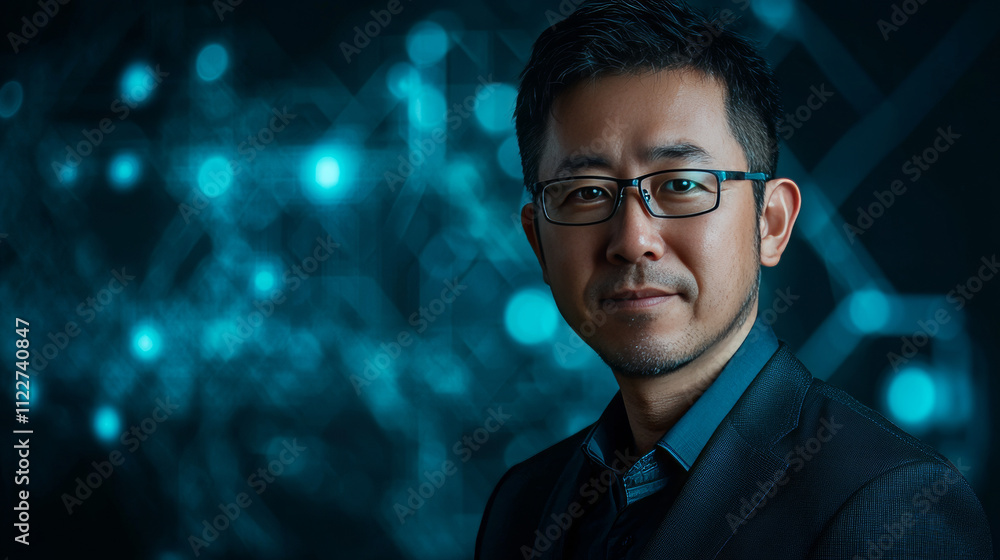 Poster abstract futuristic background of blue glowing technology sci fi frame, hud ui, lower third button b