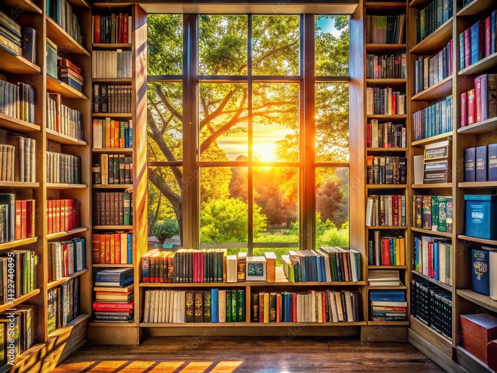 Poster a glimpse through the window: a serene library shelf filled with books, capturing the essence of kno