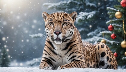 Portrait of a Leopard With Christmas Tree