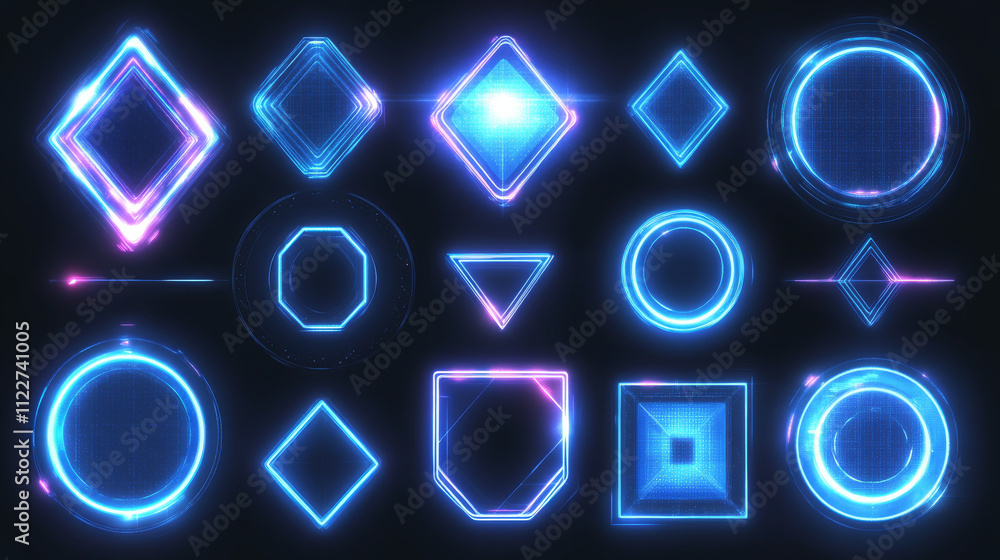 Fototapete futuristic glowing frames in neon blue set on dark background. geometric tech designs of oval, asymm