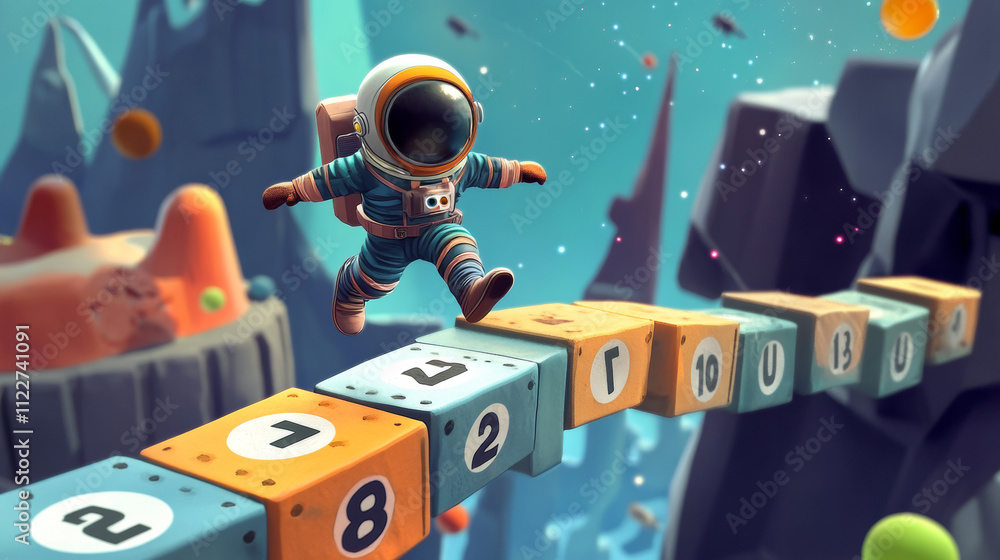 Aufkleber level map for cosmic game with little astronaut run on flying platforms with numbers of stages. futu