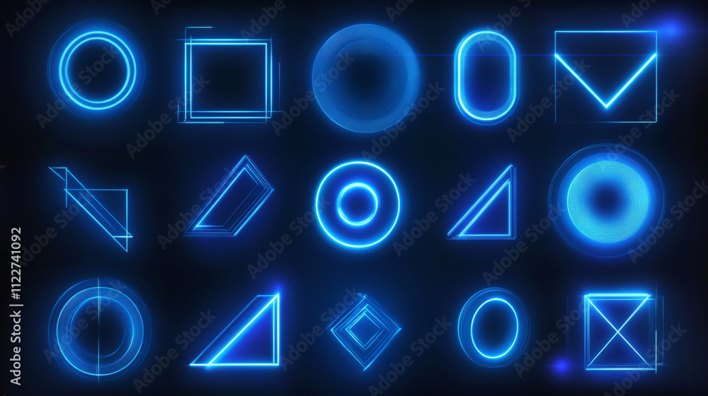 Poster futuristic glowing frames in neon blue set on dark background. geometric tech designs of oval, asymm
