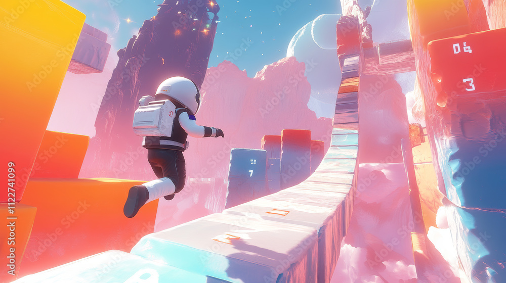 Poster level map for cosmic game with little astronaut run on flying platforms with numbers of stages. futu