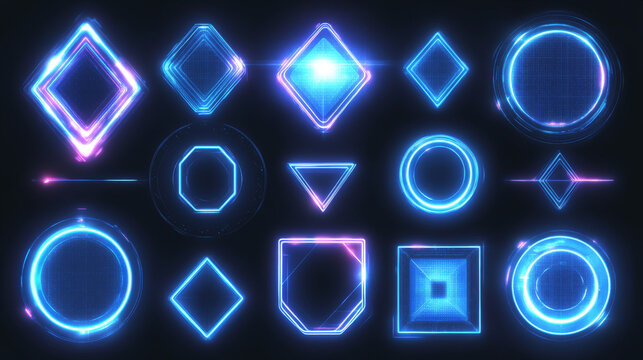 Futuristic glowing frames in neon blue set on dark background. Geometric tech designs of oval, asymmetric polygon, round and rhombus shapes for cyberpunk game interface elements or sci fi graphics.