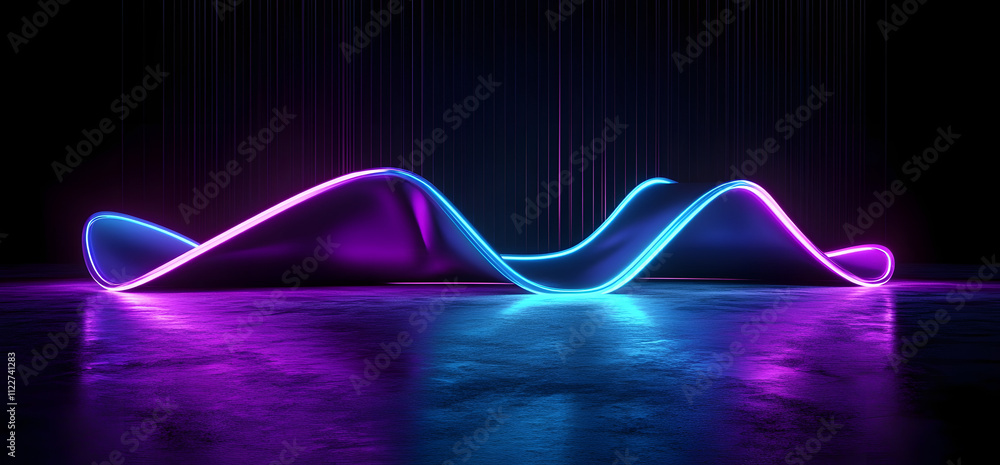 Poster futuristic sci-fi abstract blue and purple neon light shapes on black background and reflective conc