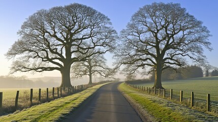 Fototapeta premium A paved road winds through a countryside landscape, flanked by tall trees with bare branches and a misty 