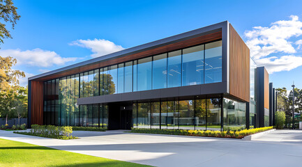 Obraz premium Sleek Business Complex with Oversized Glass Panels, Perfect for Contemporary Urban Architecture