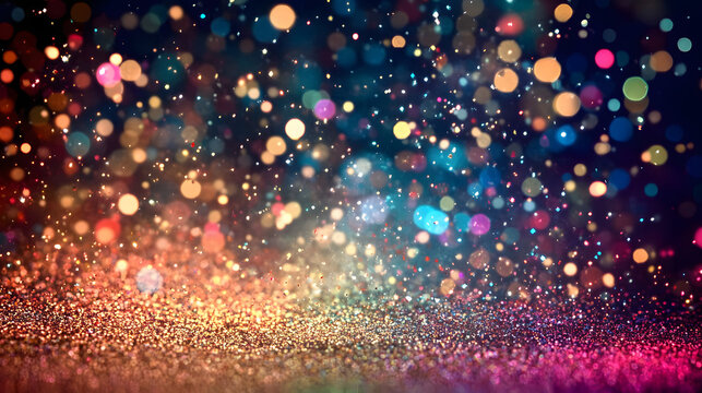 cloud of multicolored particles in the air like sparkles on a dark background with depth of field. beautiful bokeh light effects with colored particles. background for holiday presentations. 102