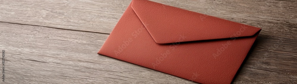 Poster an elegant red envelope rests on a textured wooden surface, creating a warm and inviting visual perf