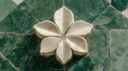 Ornate white flower design on a green mosaic tile background.