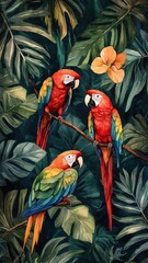 Fototapeta premium Colorful parrots among tropical foliage.