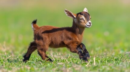 A playful baby goat running across a grassy field.
