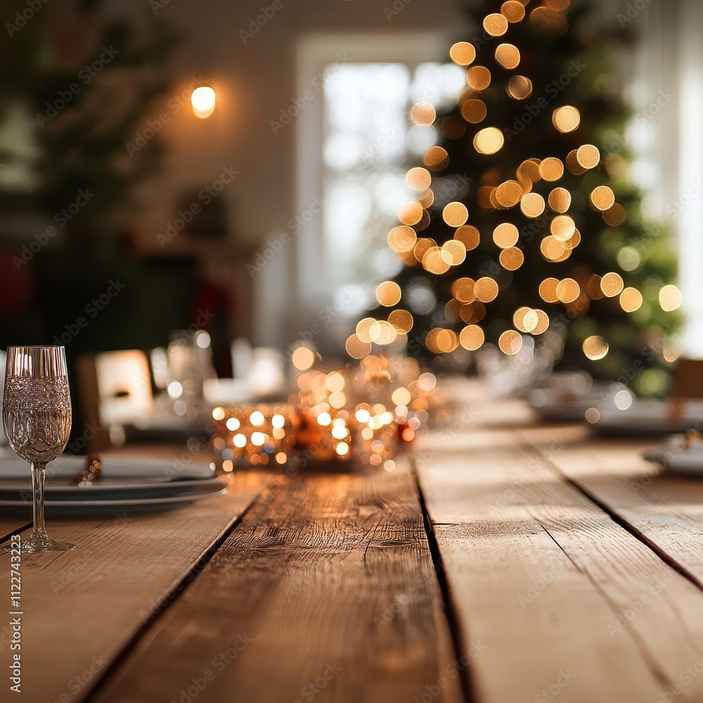 Poster empty christmas table background with christmas tree out of focus for product display montage