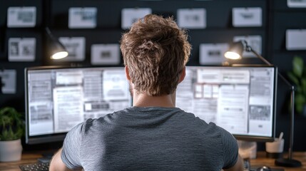 A person working at a desk with multiple monitors displaying various documents and designs, focused on a task in a modern workspace.