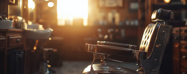 vintage barber shop chair illuminated by golden hour light, creating warm and inviting atmosphere. scene captures essence of classic grooming