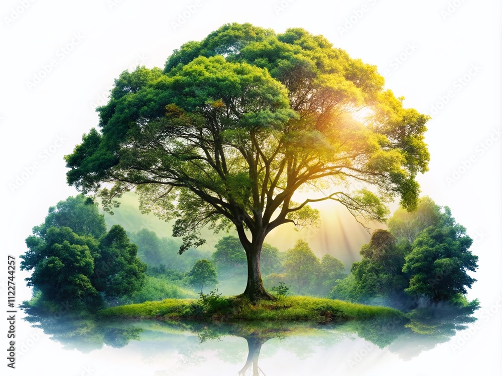 Poster animated tree forest elements in double exposure style for natural environment and motion graphics i