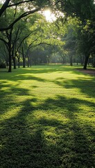 Obraz premium Lush green park with sunlight filtering through trees, creating serene shadows on the grass.