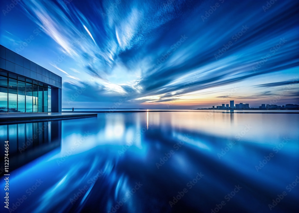 Poster a panoramic view of deep blue textures merging minimalism and futurism to create an ethereal, dreaml