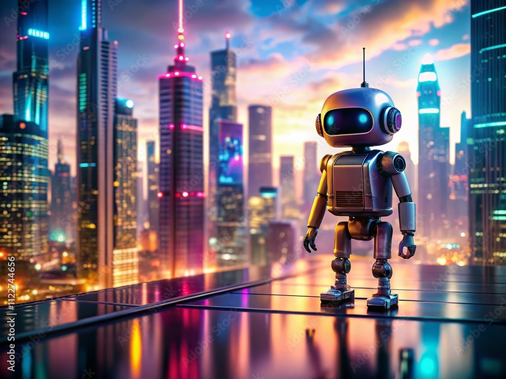 Poster a panoramic view of a small robot exploring a futuristic cityscape with vibrant colors and intricate