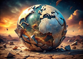 Apocalyptic Destruction of Earth: A Macro View of a Shattered Planet with Cracked Debris, Emphasizing the Fragility of a Ruined Globe from Space in a 3D Background
