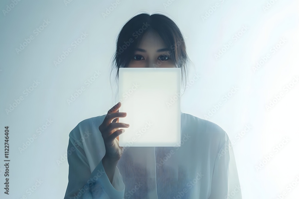 Poster a person holds a glowing square object in front of their face, surrounded by soft light.
