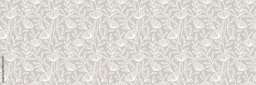 Poster autumn brown vintage daisy floral print banner, seamless repeating vector flower pattern wide horizo