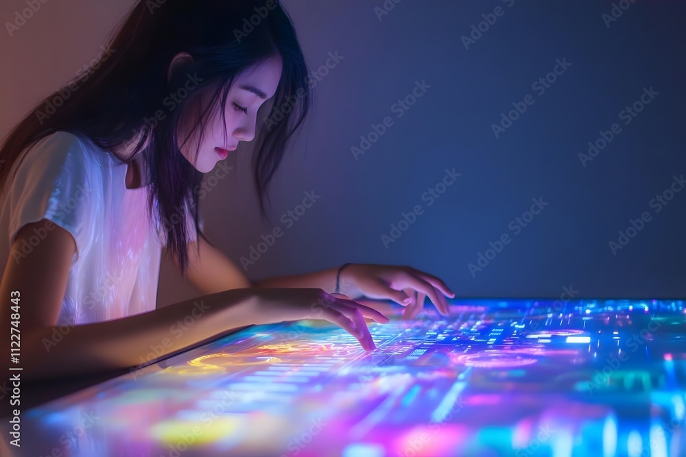 Aufkleber a person interacts with a colorful, illuminated touchscreen interface, exploring digital creativity.