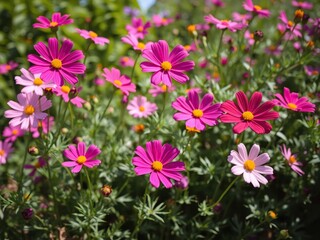 Obraz premium Vibrant cosmos flowers swaying in the breeze amidst lush green garden foliage on a warm summer day, summer, sunlight, petals