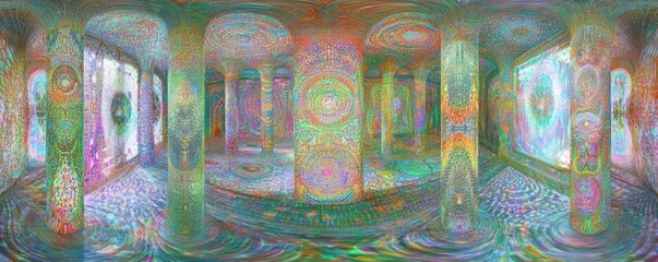 Fototapeta premium A vibrant, psychedelic interior space with colorful patterns and illuminated columns.